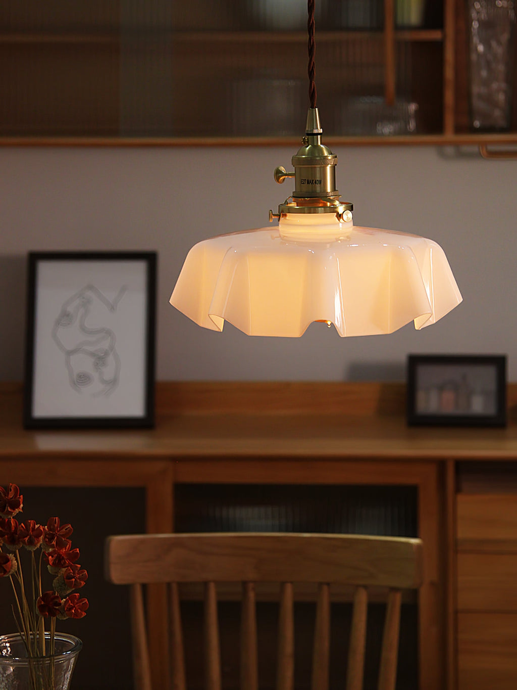 French Flower Pendant Light, Pleated Glass Shade, Brass, E27