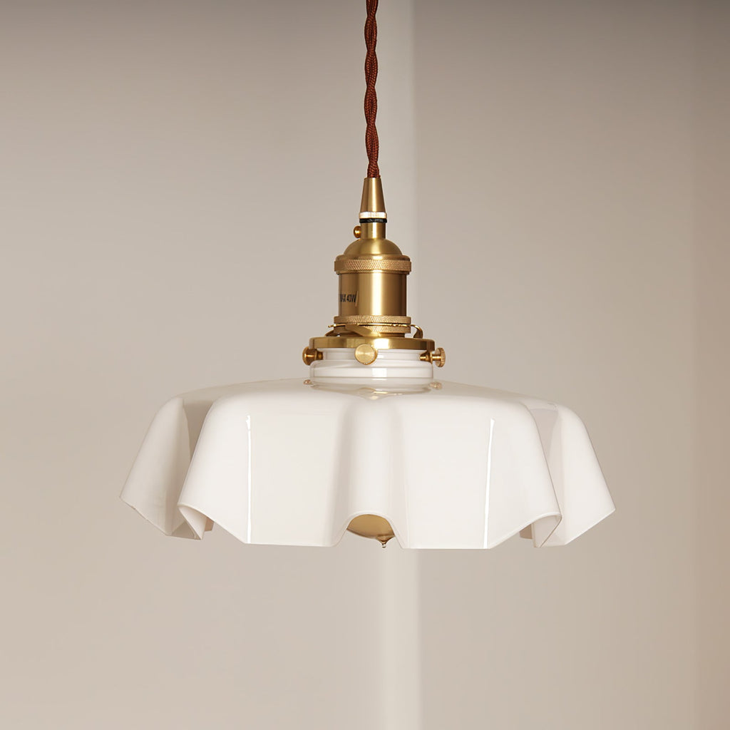 French Flower Pendant Light, Pleated Glass Shade, Brass, E27