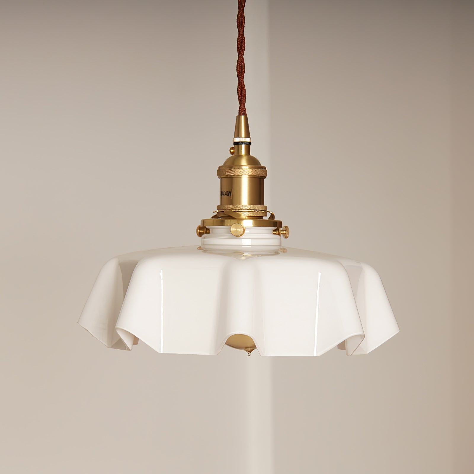 French Flower Pendant Light, Pleated Glass Shade, Brass, E27