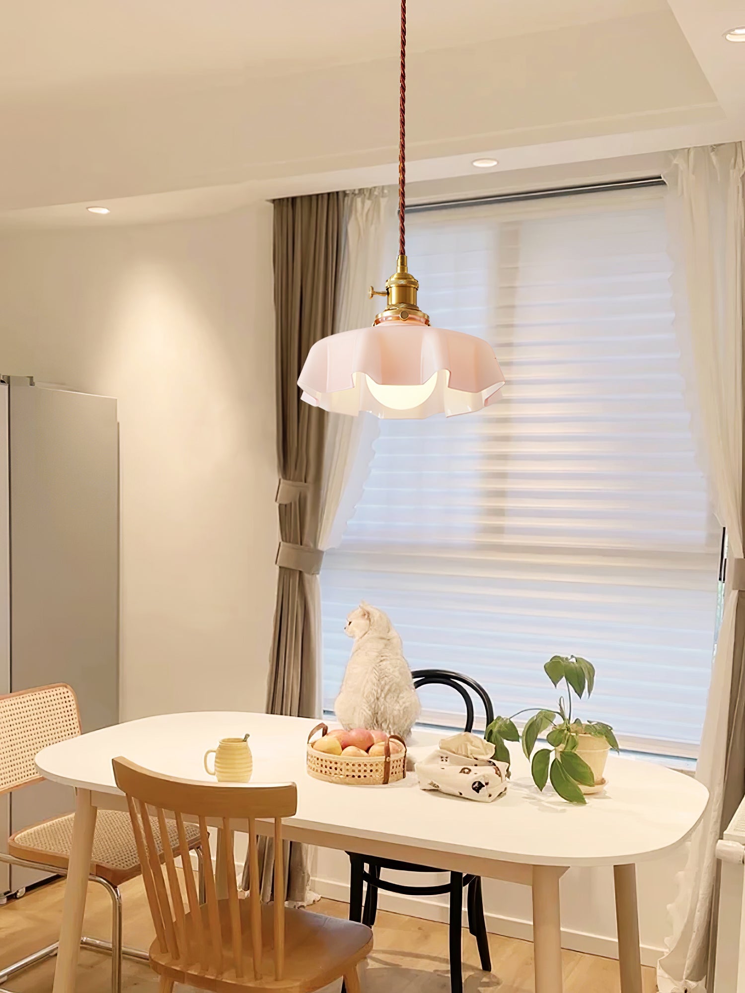 French Flower Pendant Light, Pleated Glass Shade, Brass, E27