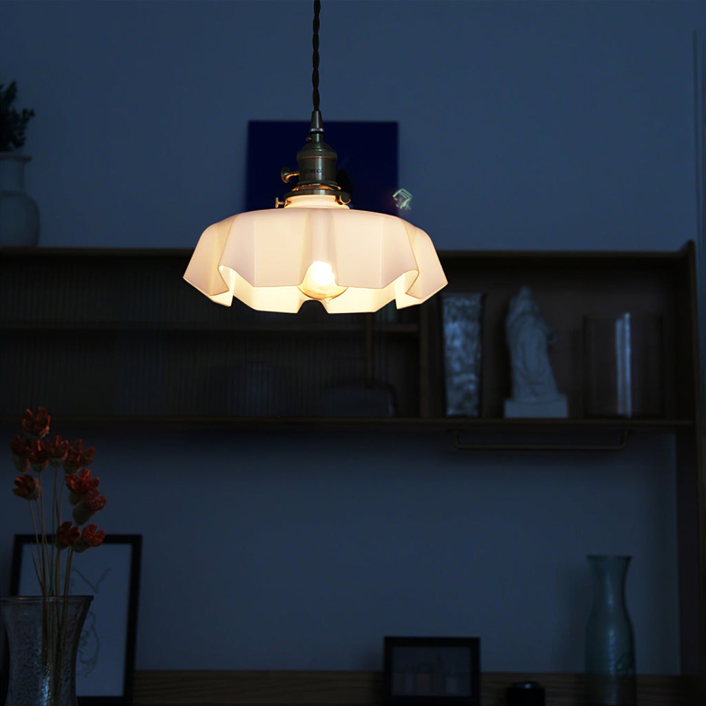 French Flower Pendant Light, Pleated Glass Shade, Brass, E27