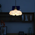 French Flower Pendant Light, Pleated Glass Shade, Brass, E27