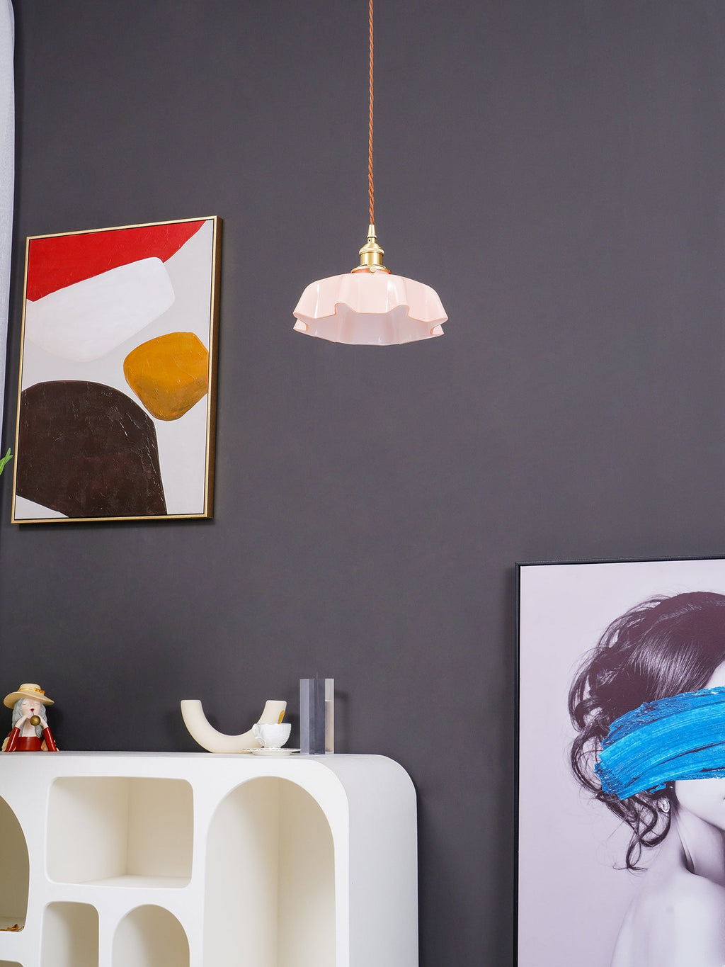 French Flower Pendant Light, Pleated Glass Shade, Brass, E27