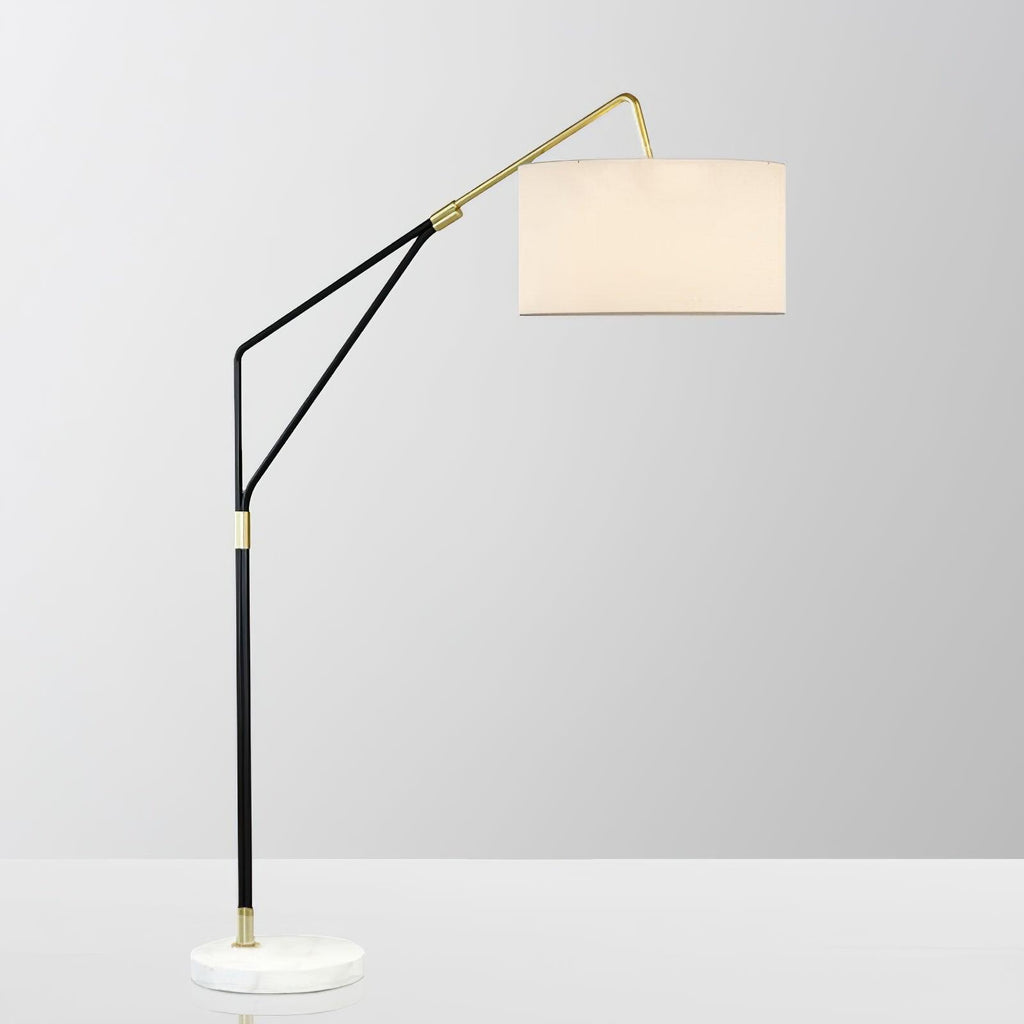Clérachic black arc floor lamp shown close-in on a plain white background, its linen shade angled toward the camera.