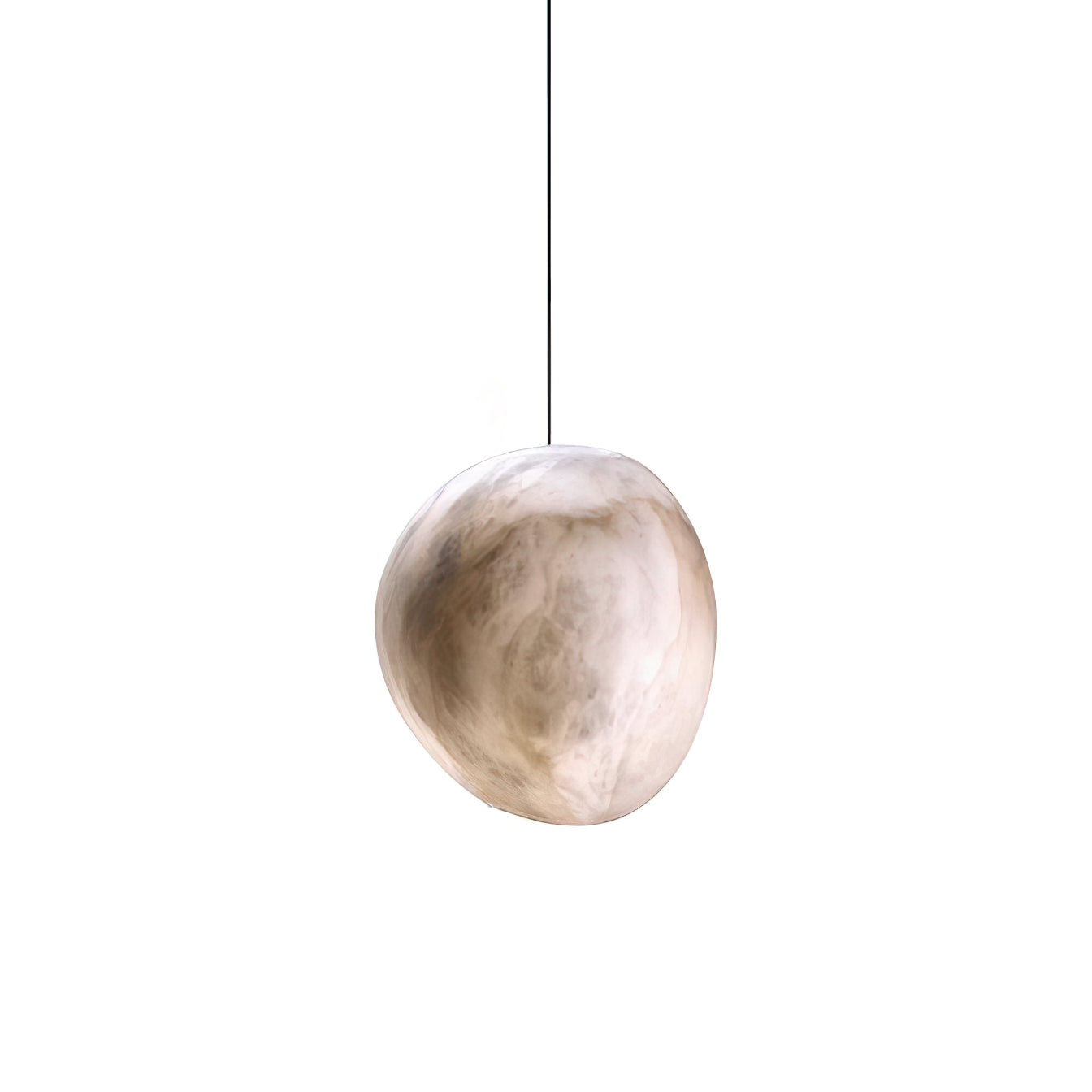 Grey-veined alabaster shade suspended on a long thin black cord, unlit