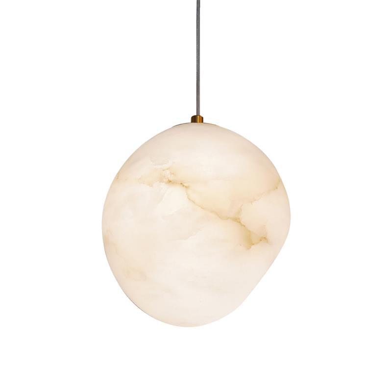 Round alabaster pendant shade with warm amber veining and a small brushed brass cap
