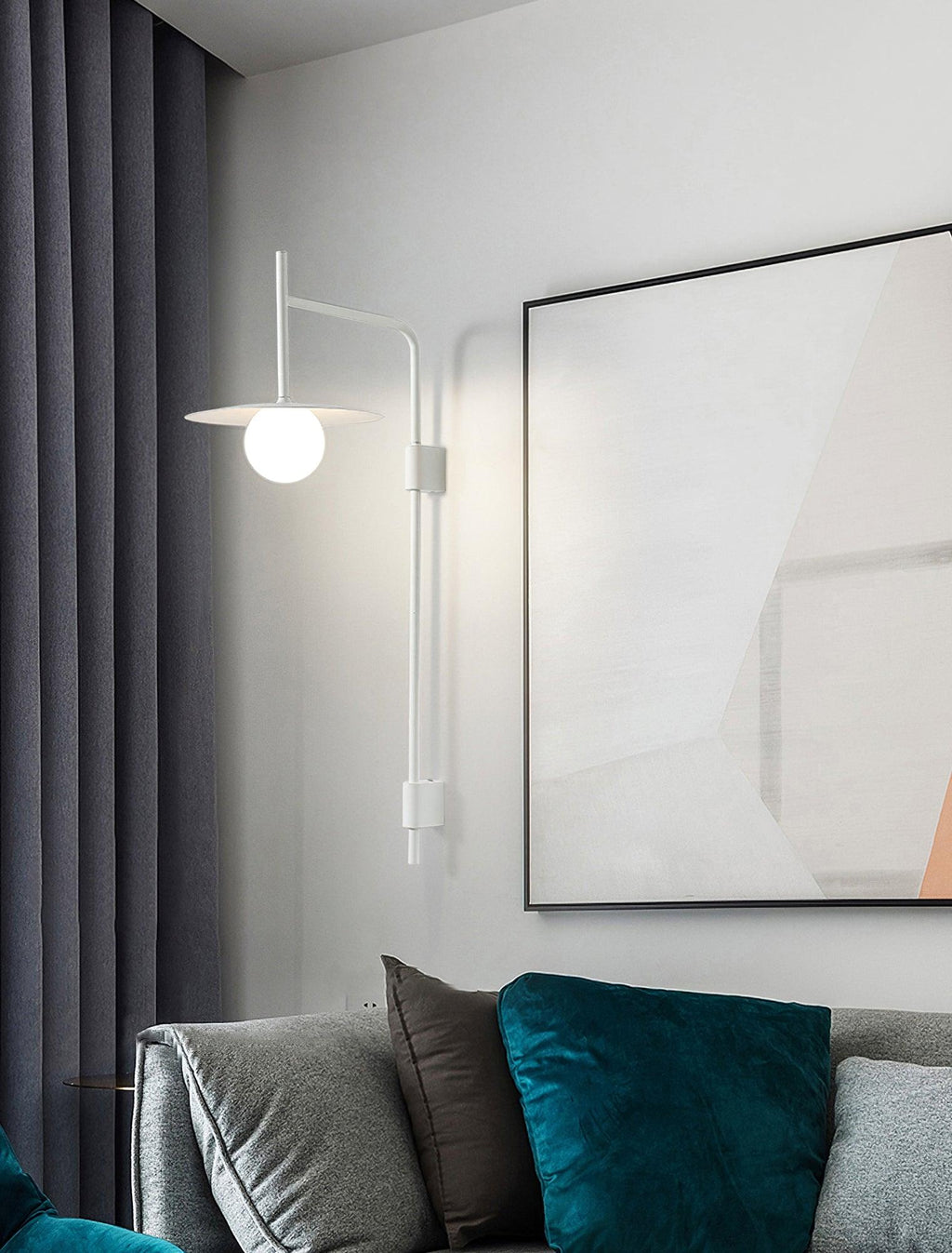 Swing arm wall lamp with adjustable arm and glass shade lit