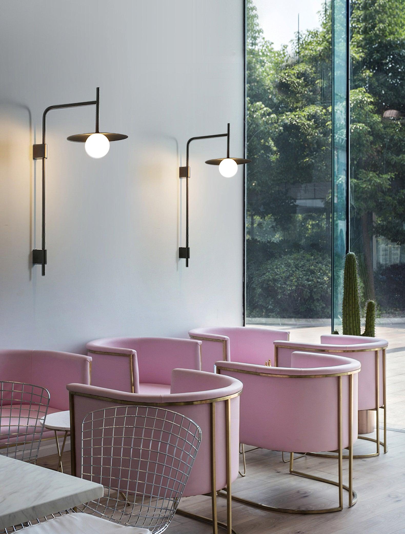 Swing arm wall lamp with iron arm and frosted glass shade