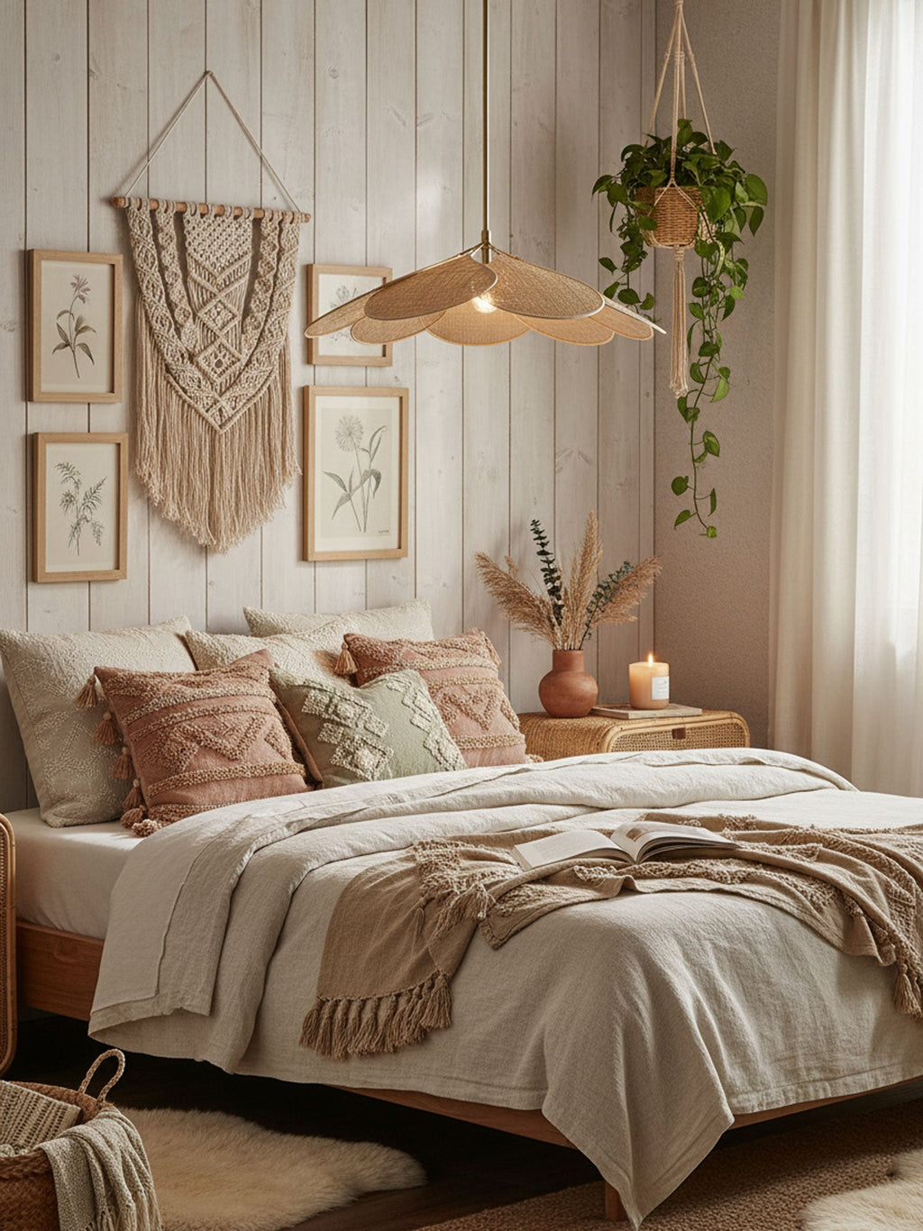 This Clérachic pendant lamp in soft khaki-toned fabric petals hangs beside a bed dressed in warm neutral linens.