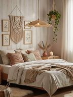 This Clérachic pendant lamp in soft khaki-toned fabric petals hangs beside a bed dressed in warm neutral linens.