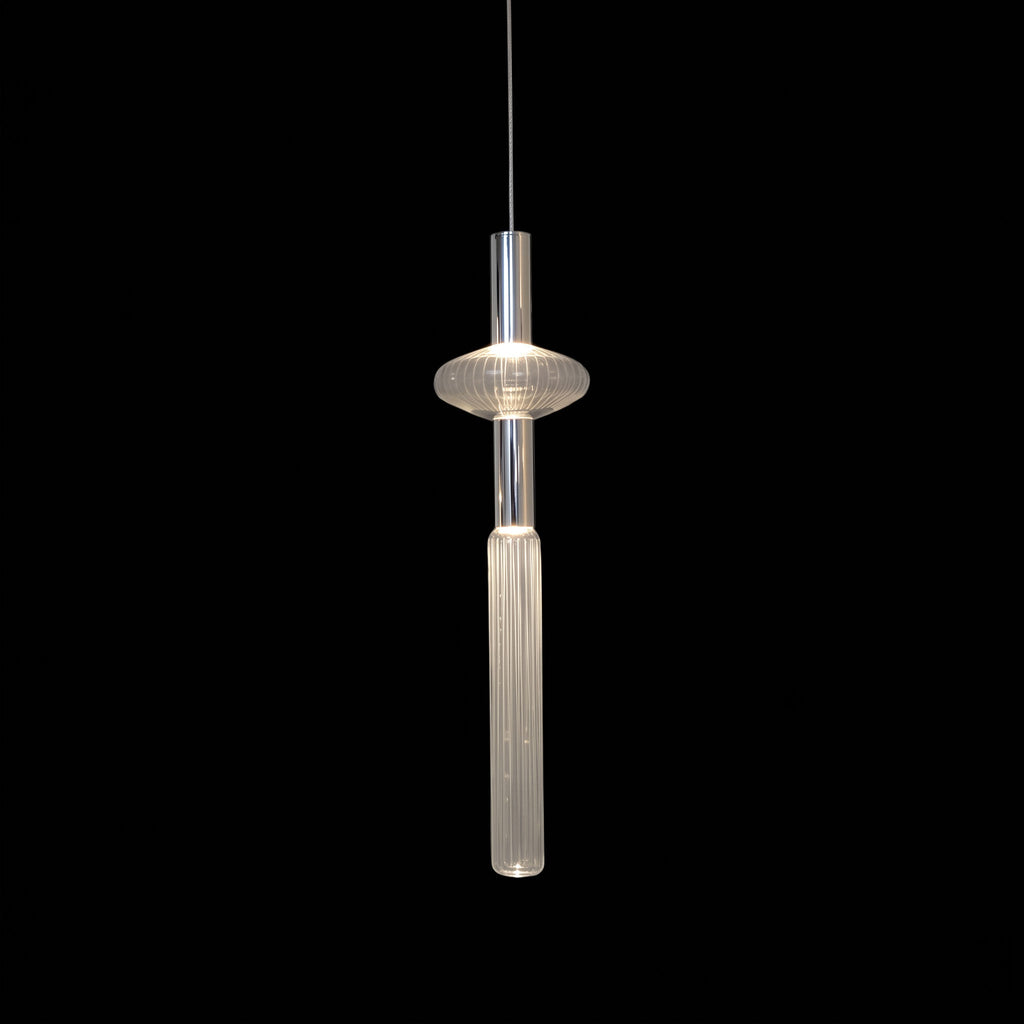 A round disc cap sits above this Clérachic pendant's fluted glass cylinder, lit against black.