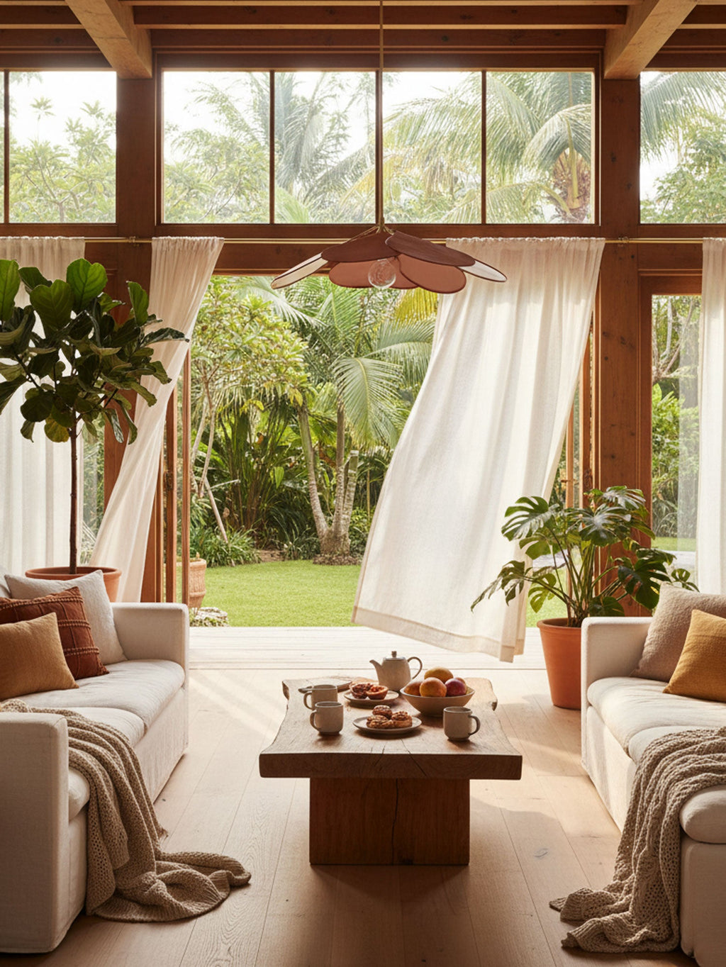 This Clérachic pendant lamp in terracotta fabric petals hangs above a low wooden coffee table, with palm trees visible through the windows behind.