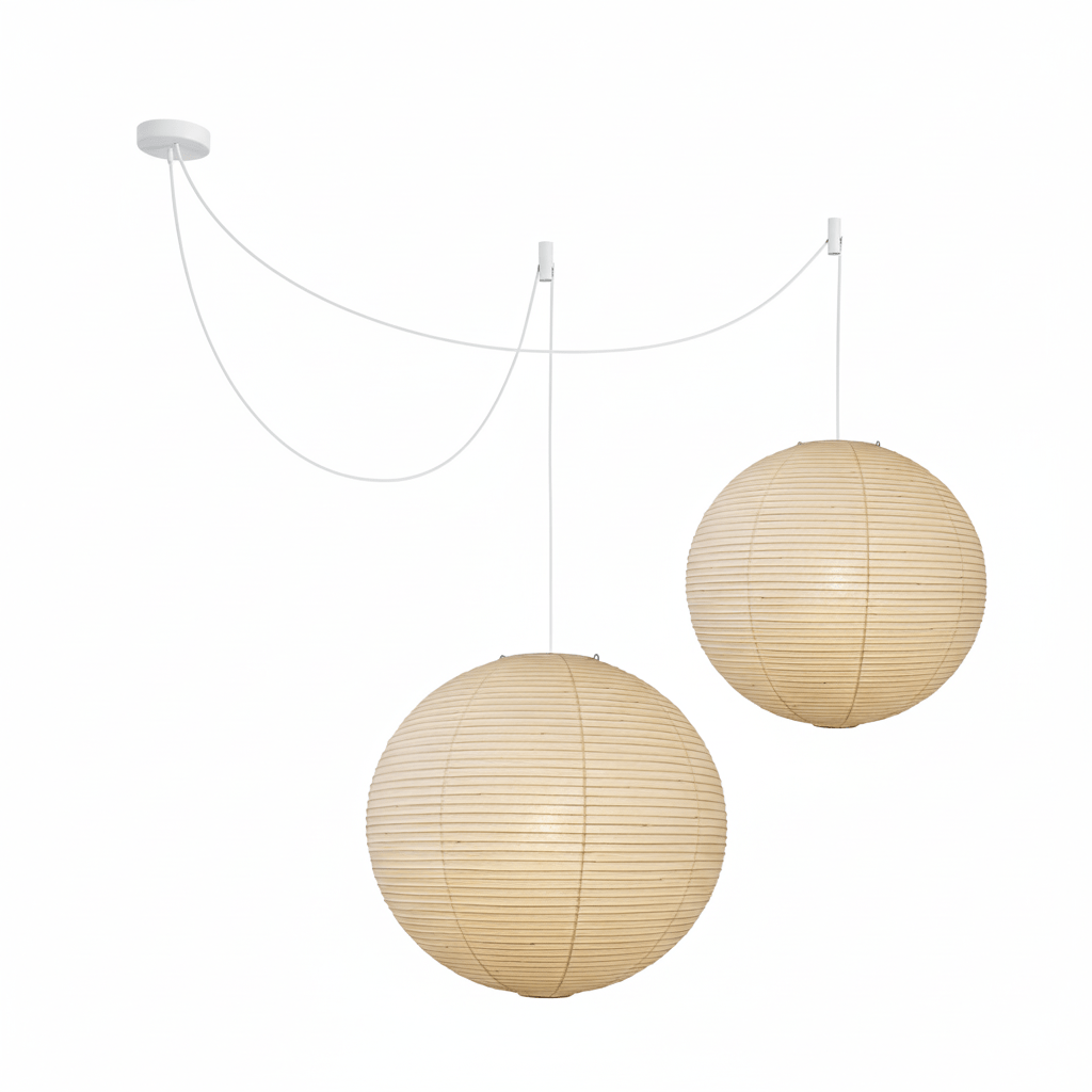 Washi paper pendant casting a soft glow in a room