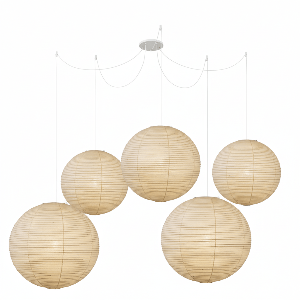 Mulberry paper pendant light lit warmly overhead