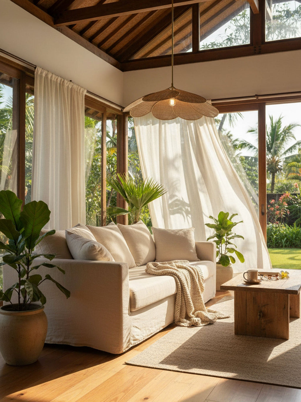 This Clérachic pendant lamp in terracotta fabric petals hangs from a wood-beamed ceiling in an airy living room with floor-to-ceiling windows.