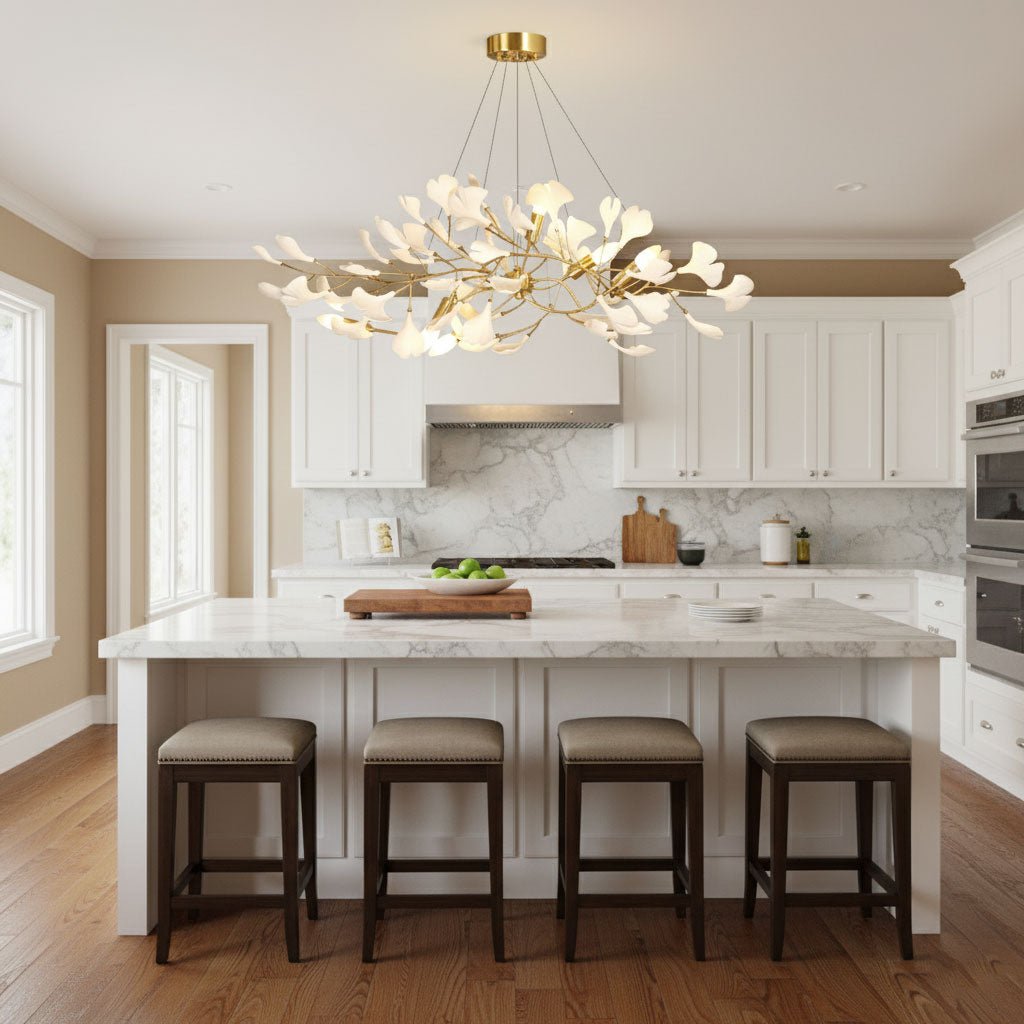 Linear ginkgo chandelier lit over a styled dining setting