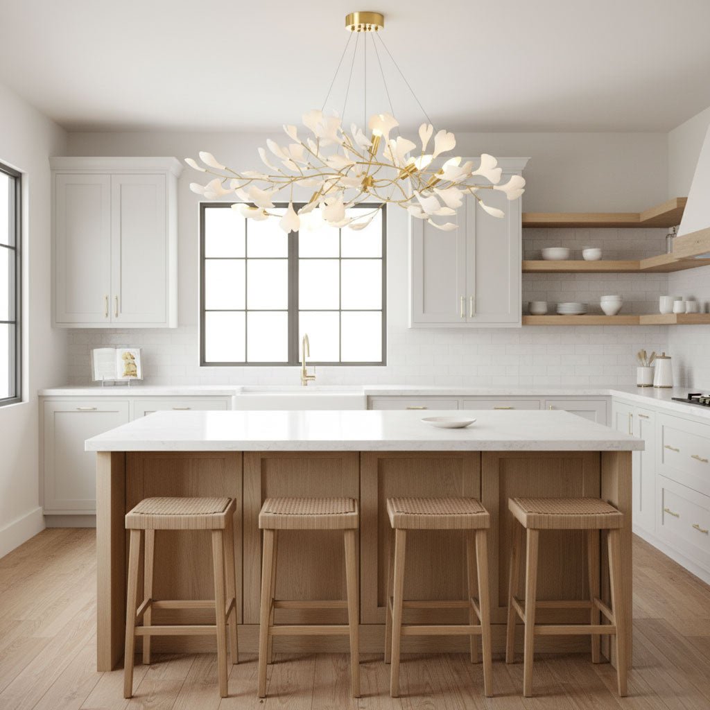 Brass branch ginkgo chandelier with porcelain leaves lit warm