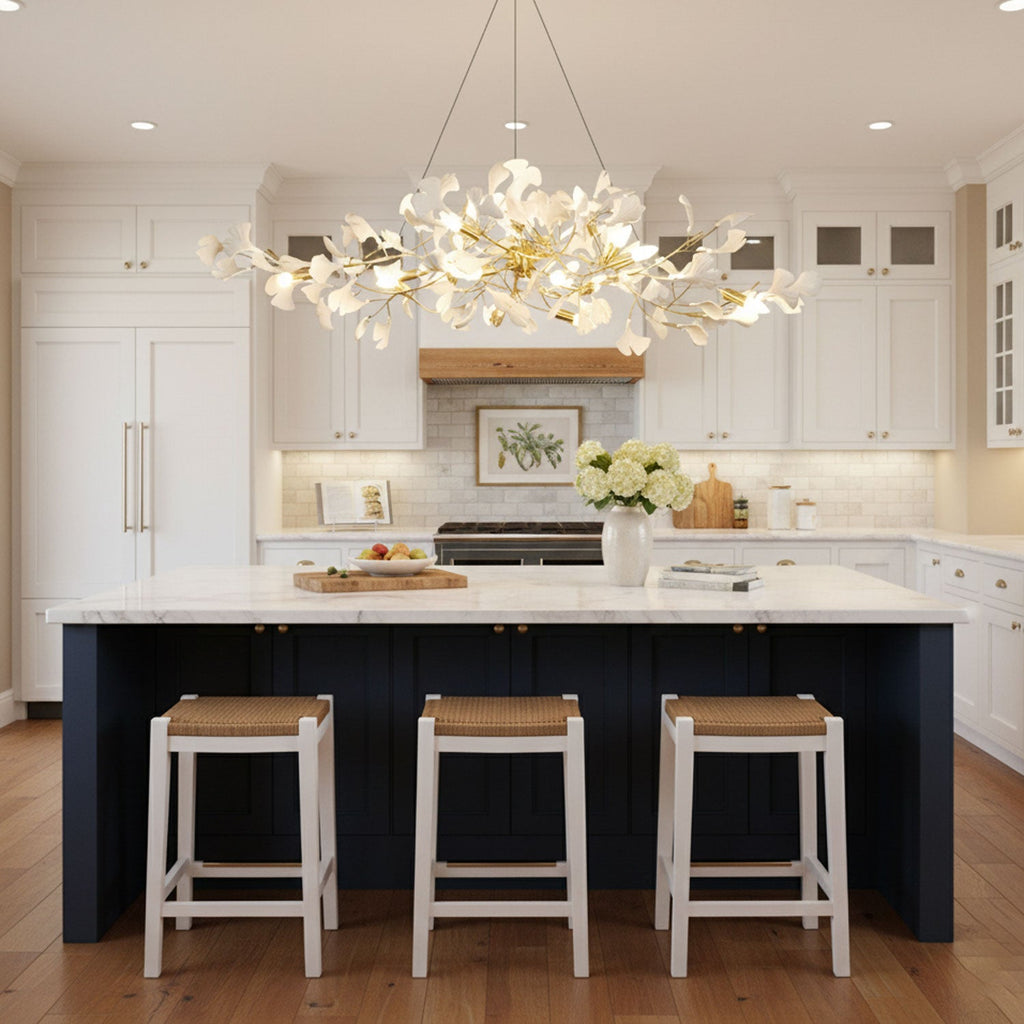 Linear porcelain ginkgo chandelier above a long wood table