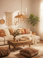 This Clérachic pendant lamp in terracotta fabric petals hangs above a cream sofa in a boho living room with macrame wall art.
