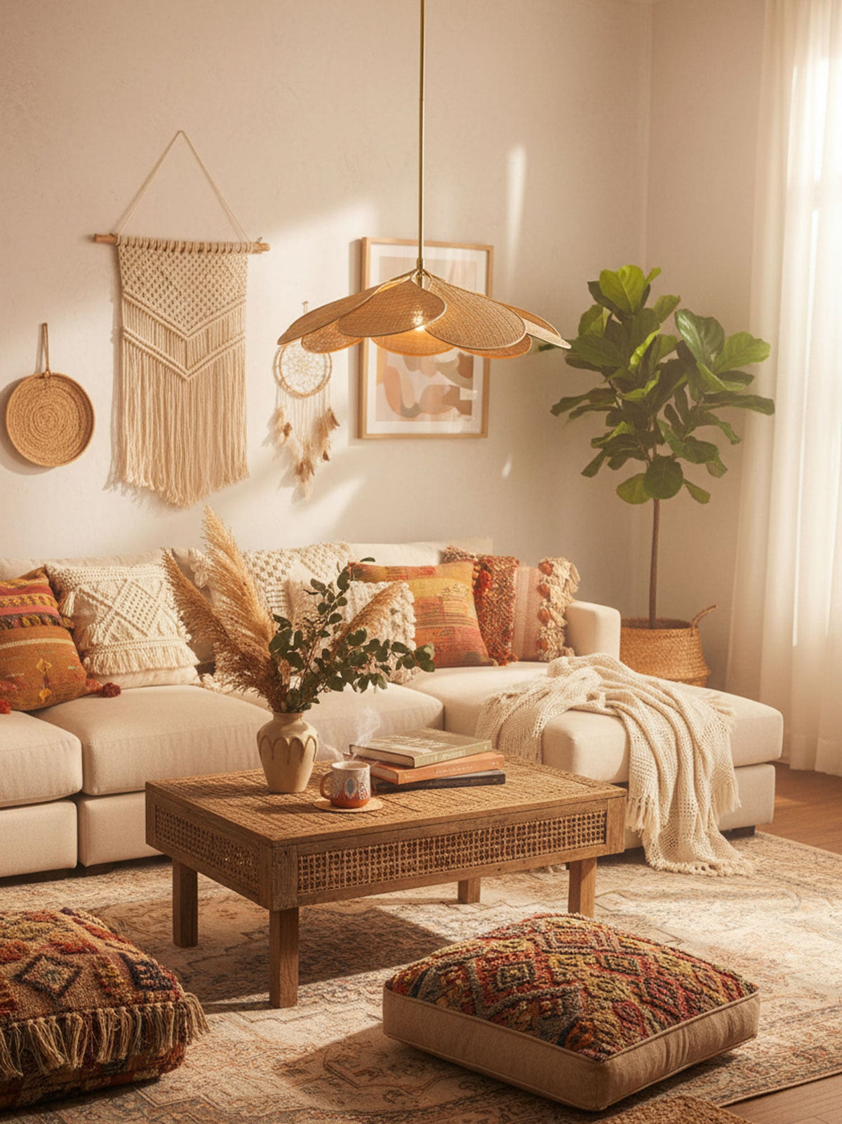 This Clérachic pendant lamp in terracotta fabric petals hangs above a cream sofa in a boho living room with macrame wall art.