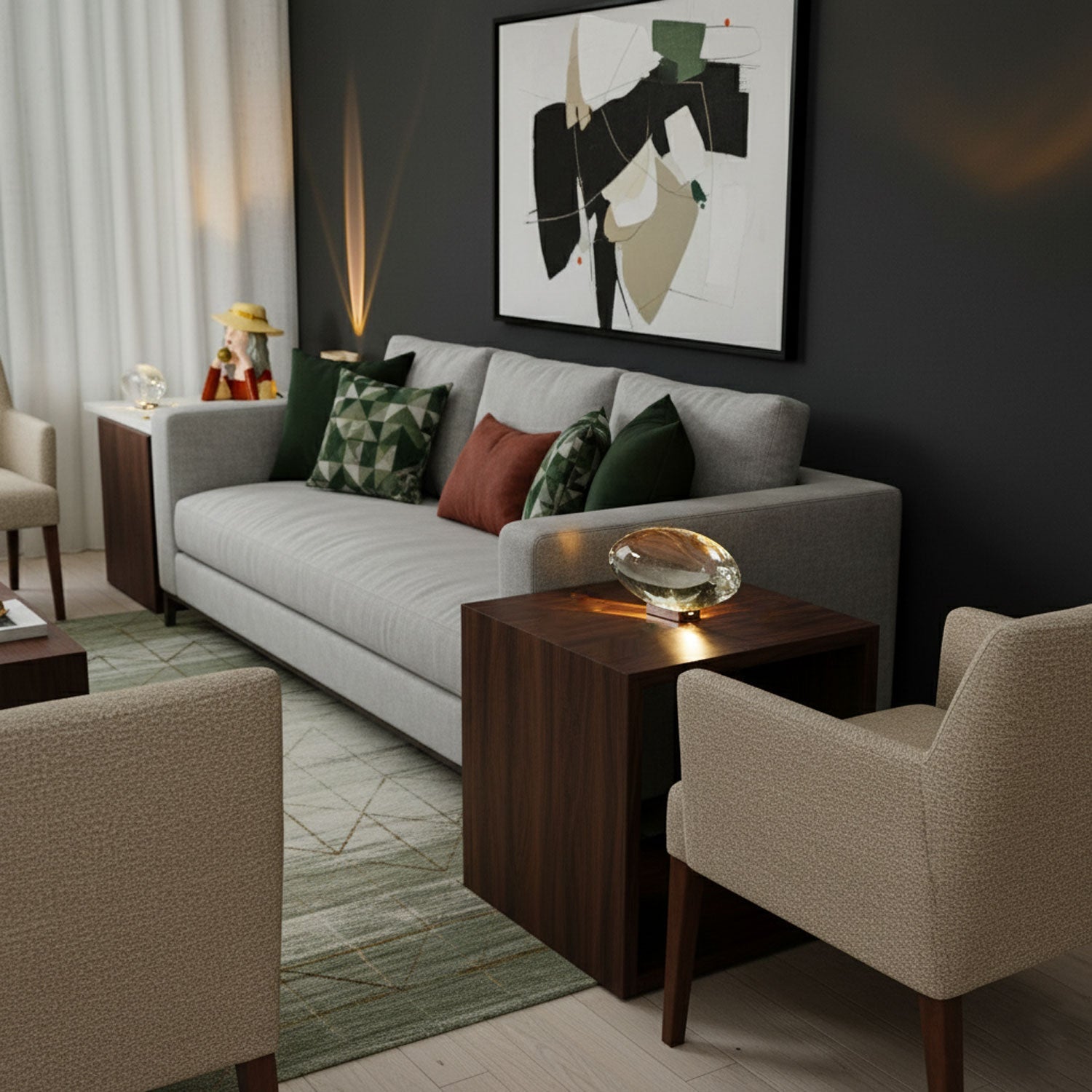 Crystal oval table lamp lit warmly in a cozy styled room