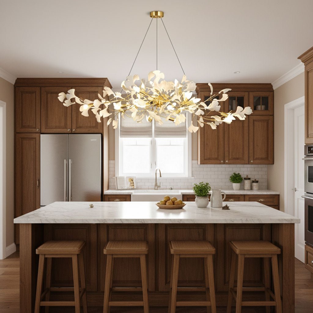 Porcelain ginkgo bough chandelier glowing over a long table