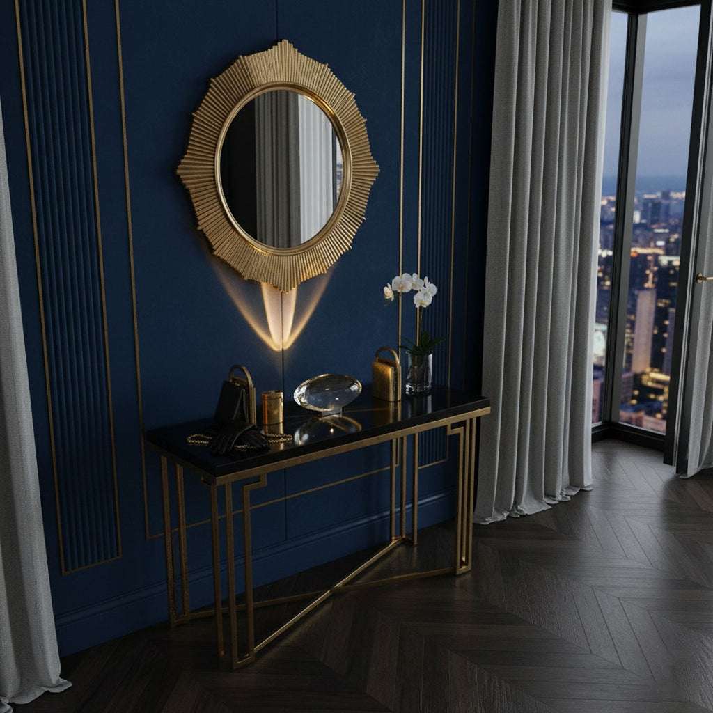 Crystal glass table lamp glowing softly on a dark side table