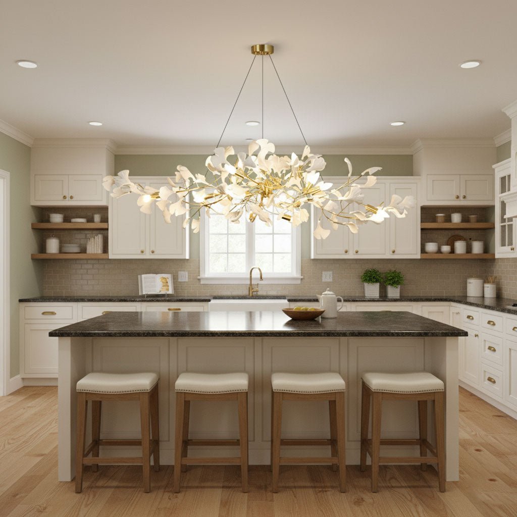 Linear ginkgo leaf chandelier glowing above a dining table