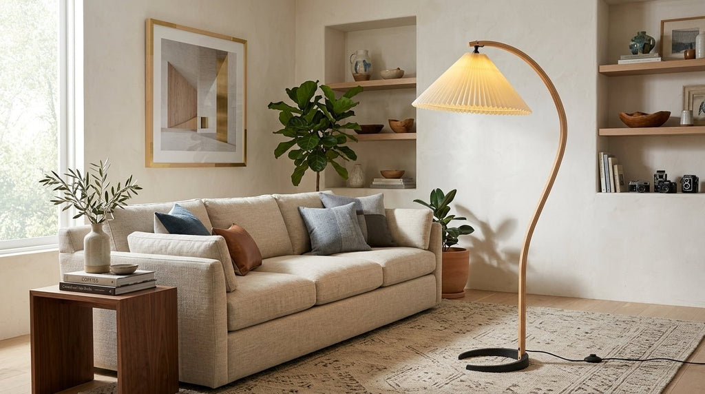 Floor Lamp, Caprani Beechwood & Linen Shade, E26/E27, Plug-In