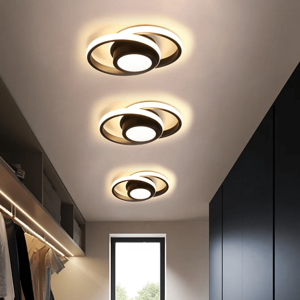 Loftlampe, to sammenflettede ringe, gennemsigtige akryl-diffusorer