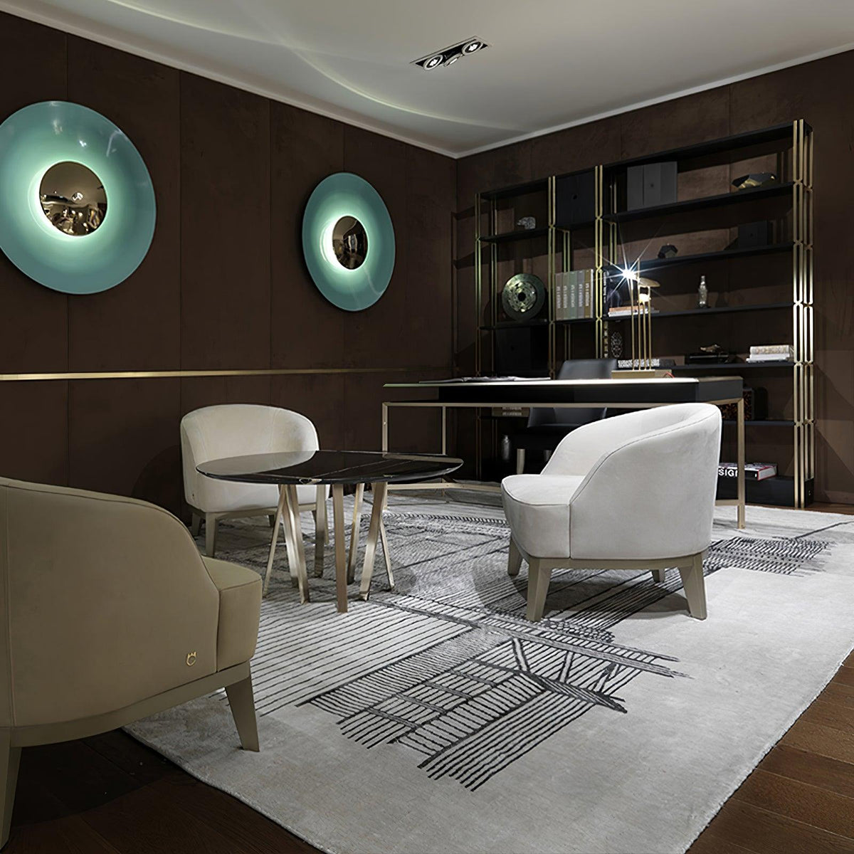 Two mint-toned Clérachic wall lights glow on a dark panelled wall in a lounge with white armchairs and a patterned rug.