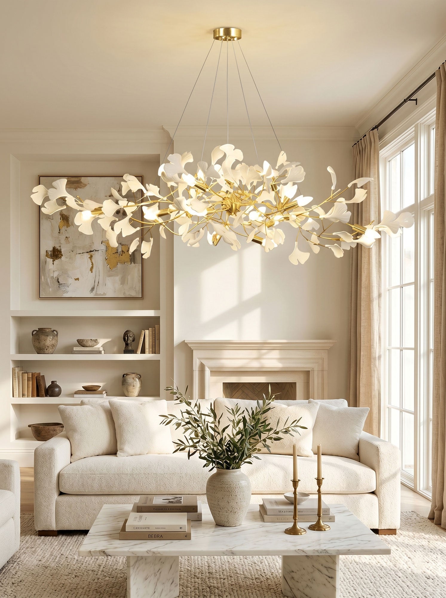 Brass branch chandelier with layered white porcelain leaves