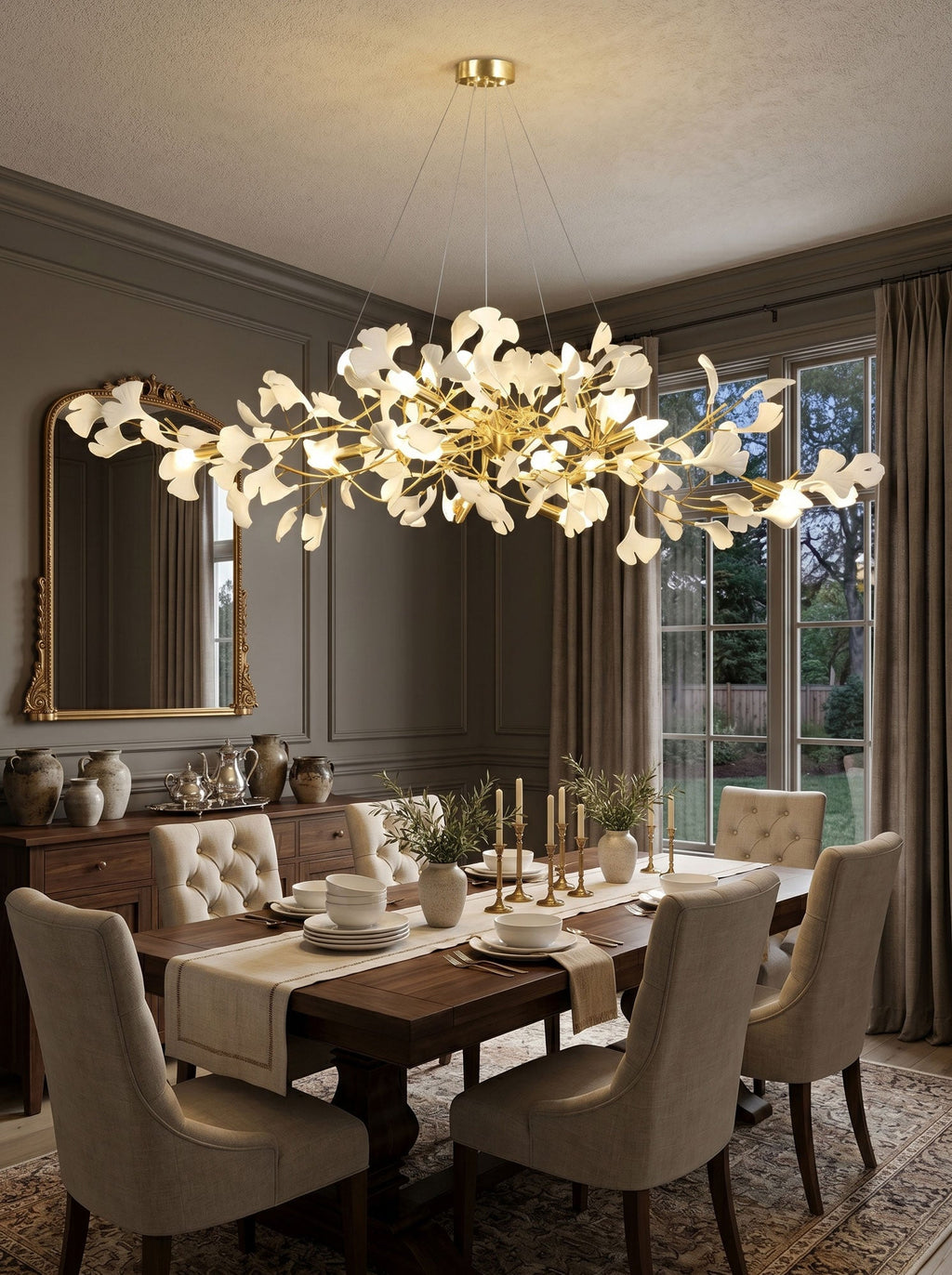 Porcelain ginkgo bough chandelier seen from a low angle