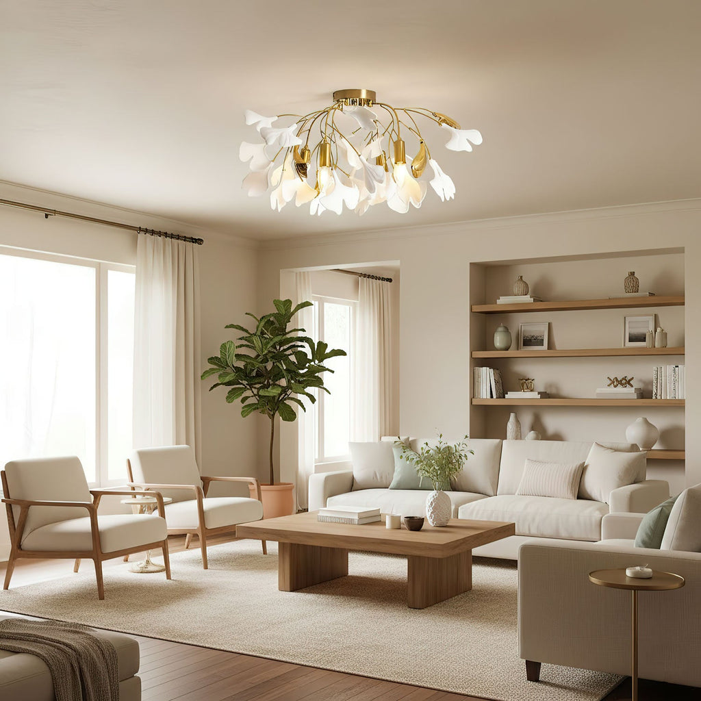 Gold ginkgo ceiling lamp with white ceramic leaf shades