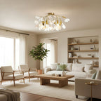 Gold ginkgo ceiling lamp with white ceramic leaf shades