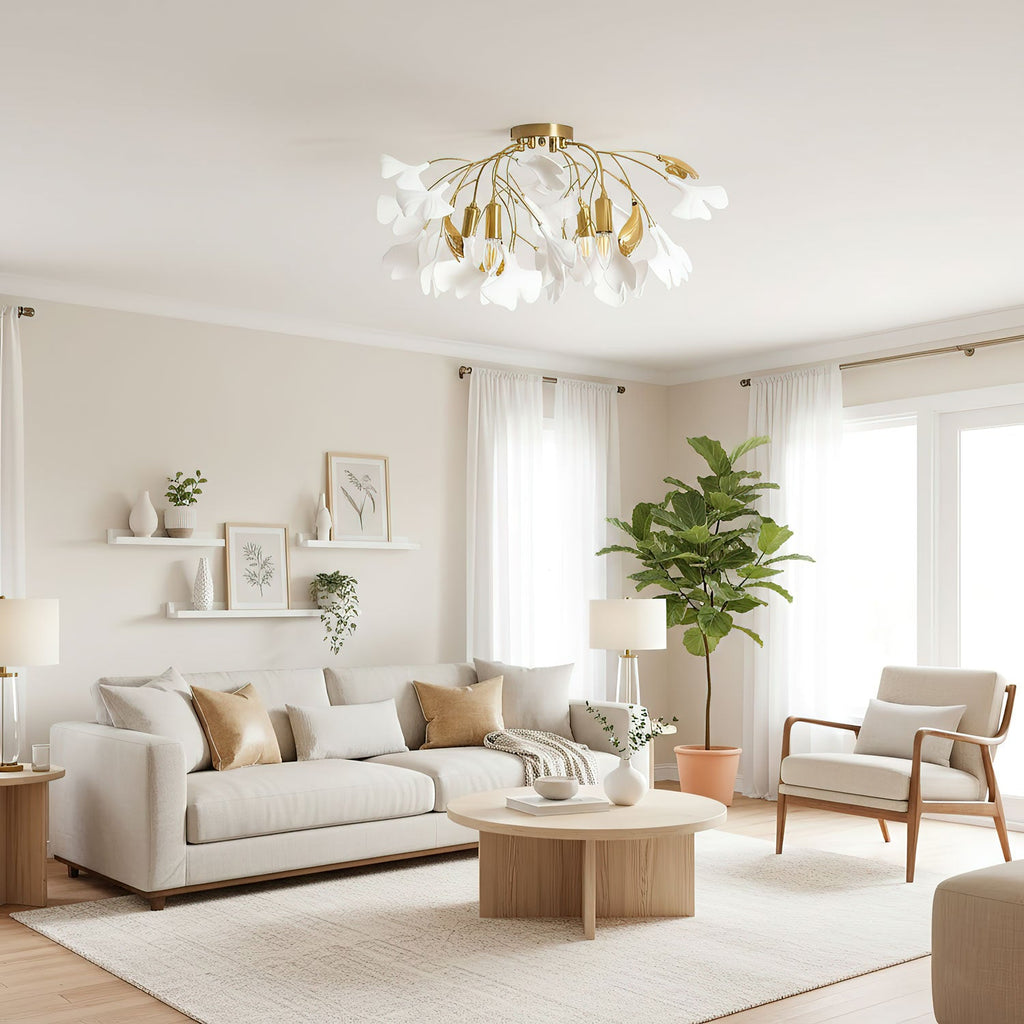 Ceramic ginkgo leaves arranged around the gold ceiling frame