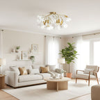 Ceramic ginkgo leaves arranged around the gold ceiling frame