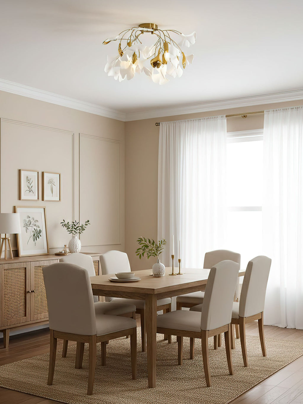 Gold ginkgo ceiling lamp shown against a clean backdrop