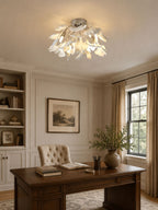 Ginkgo leaf ceiling lamp in gold finish, full fixture view