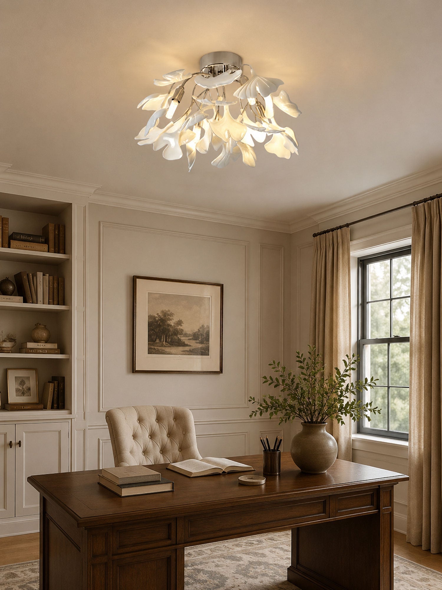 Ginkgo leaf ceiling lamp in gold finish, full fixture view