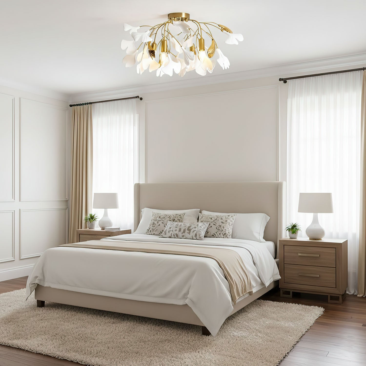 Ginkgo ceiling lamp with layered white leaves and gold frame