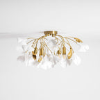 Loftlampe, hvide keramiske ginkgo-bladskærme, G9, guldfinish