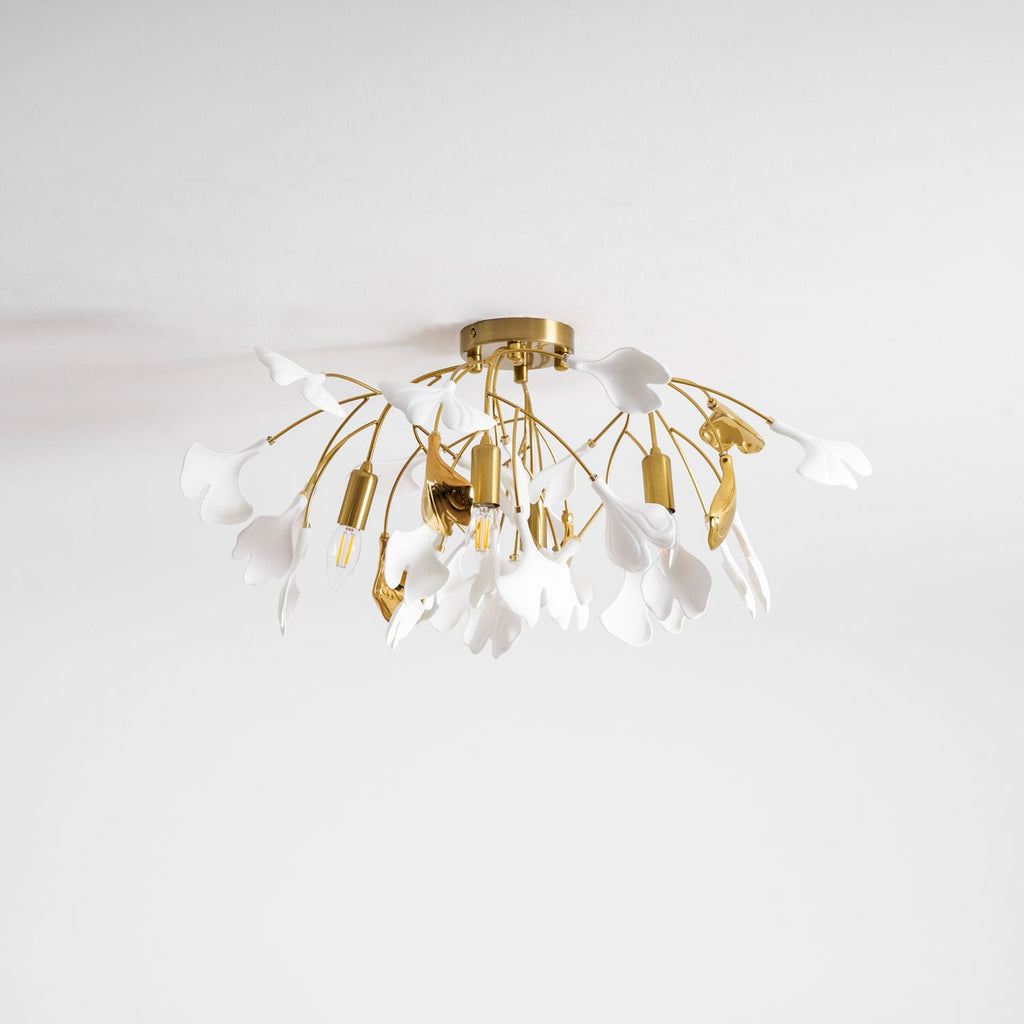 Loftlampe, hvide keramiske ginkgo-bladskærme, G9, guldfinish