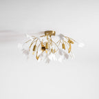 Loftlampe, hvide keramiske ginkgo-bladskærme, G9, guldfinish