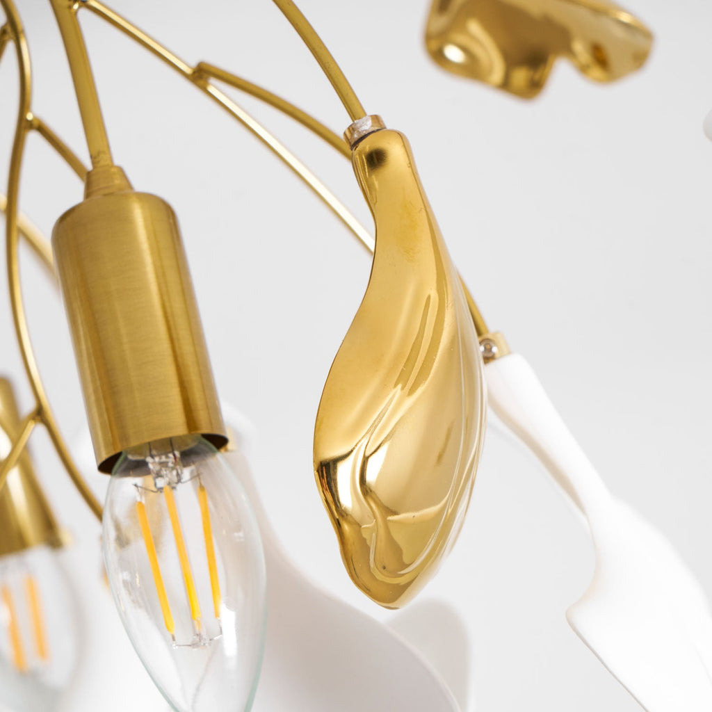 Loftlampe, hvide keramiske ginkgo-bladskærme, G9, guldfinish