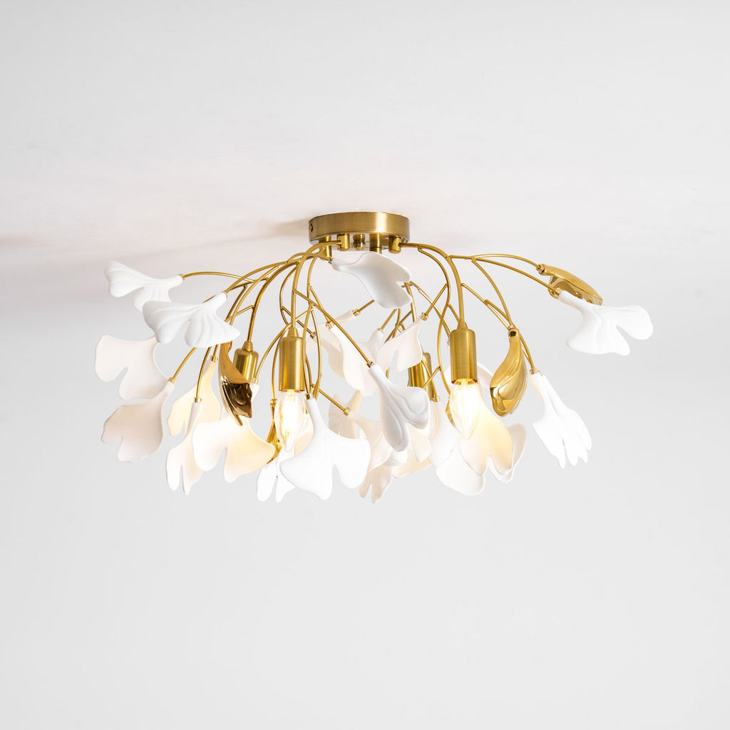 Loftlampe, hvide keramiske ginkgo-bladskærme, G9, guldfinish