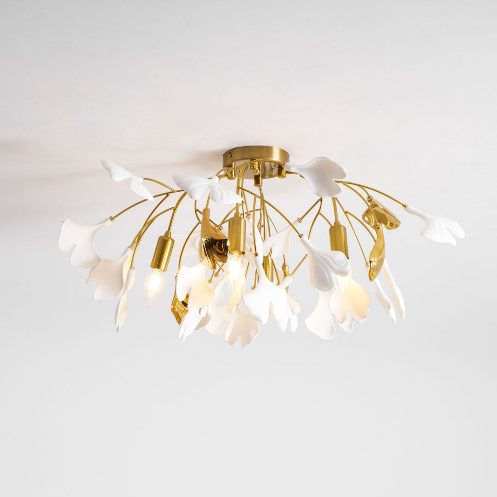 Loftlampe, hvide keramiske ginkgo-bladskærme, G9, guldfinish