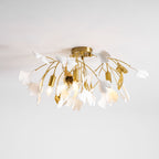 Loftlampe, hvide keramiske ginkgo-bladskærme, G9, guldfinish
