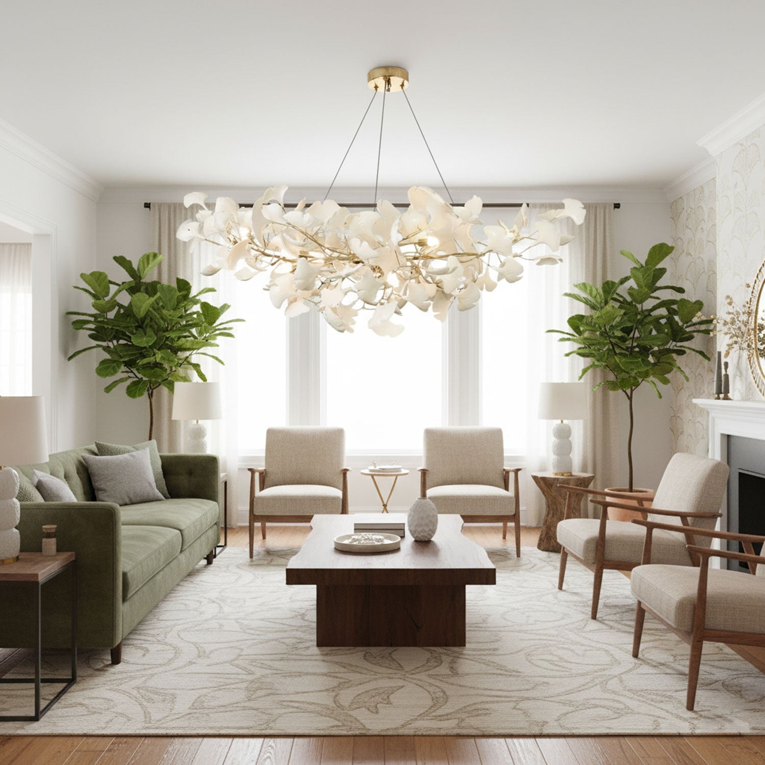 Horizon Bloom Gingko lysekrone, loftslampe med porcelænsblade, 7 størrelser