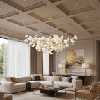Gingko leaf chandelier glowing softly in an upscale interior